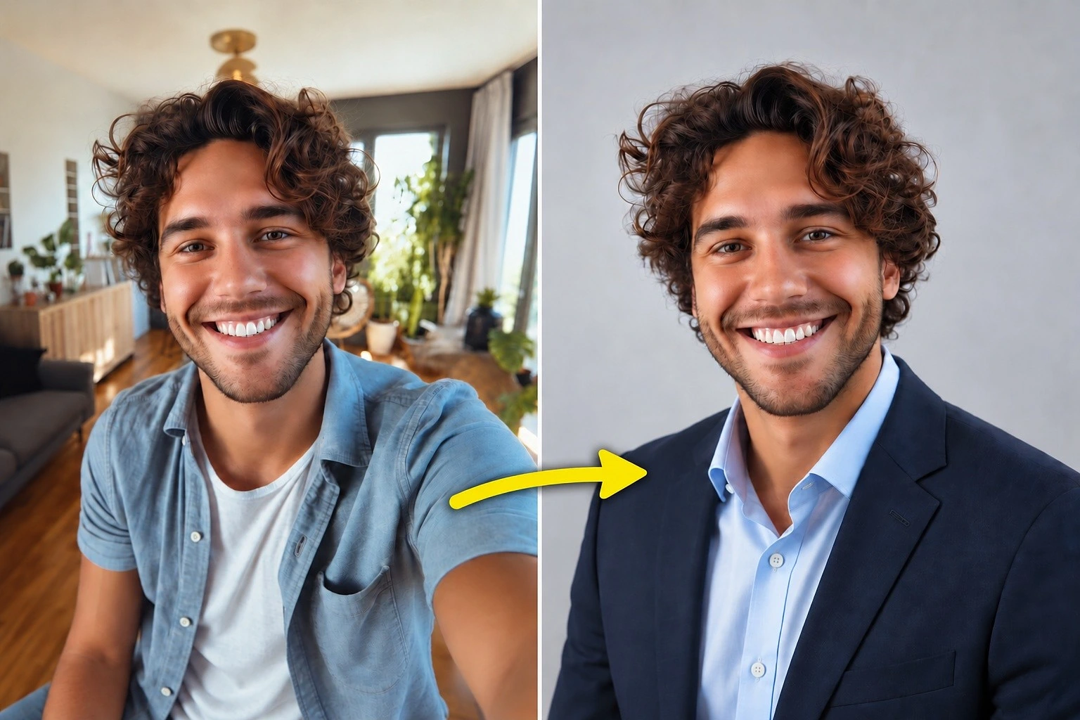 Vom Selfie zum KI-Businessportrait: Mann im Freizeit-Selfie und im Anzug im direkten Vergleich
