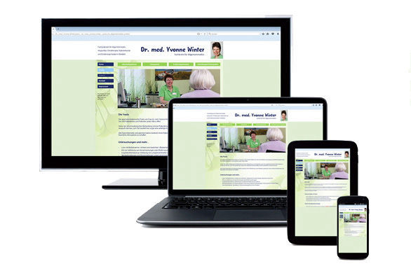 Praxiswebsite in angepassten Ansichten auf Monitor, Laptop, Tablet und Smartphone